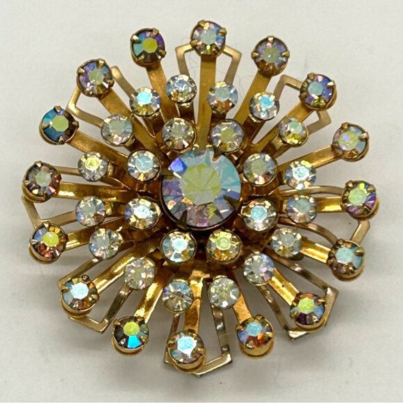 Vintage Aurora Borealis Brooch Gold-Tone Rivet Set 1960s Starburst Atomic 2 inch - Picture 2 of 14